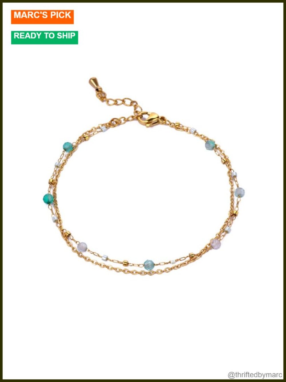 Green Fluorite Beaded Bracelet Stainless Steel Chain 18k Gold Plated Adjustable